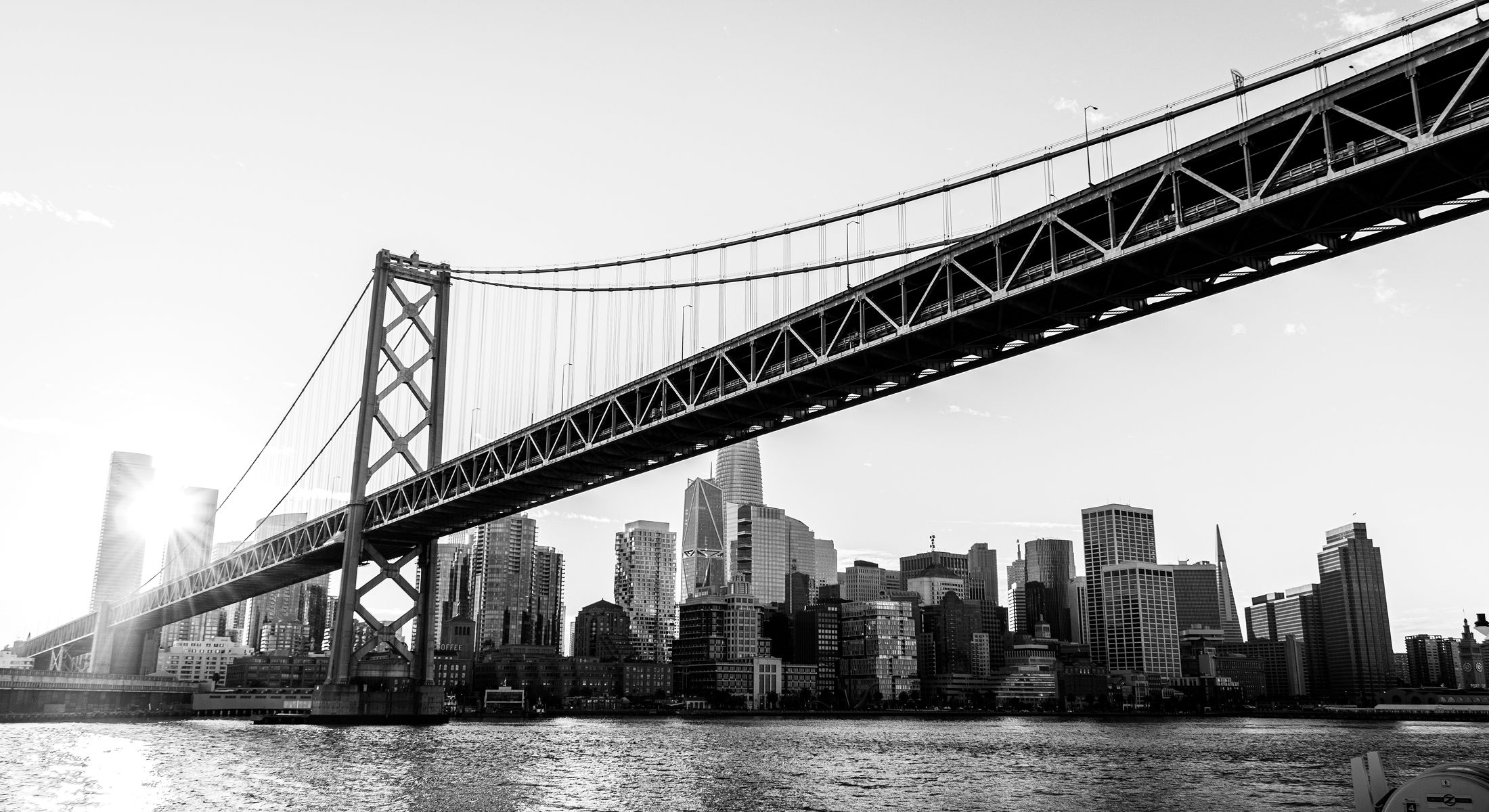 Bay Bridge with city skyline in black and white